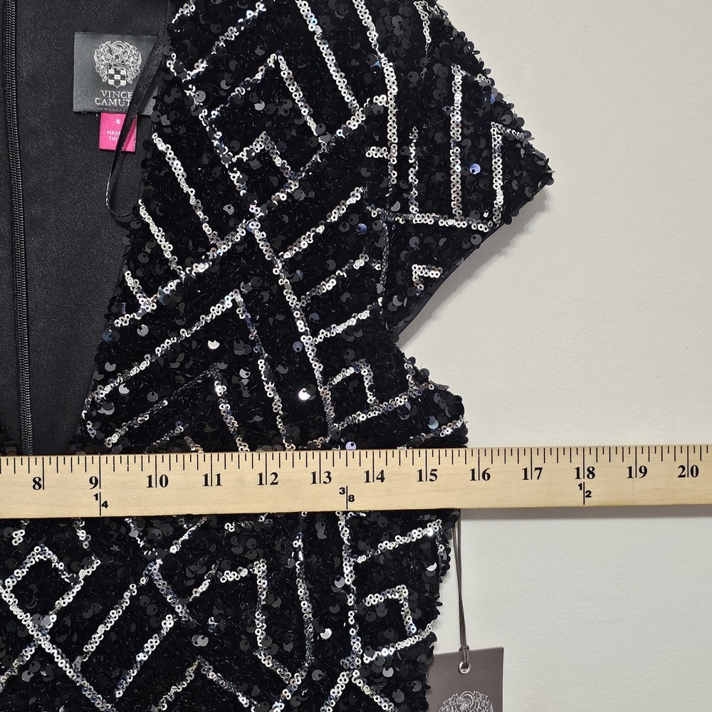 Vince Camuto Women Dress 4 Black Mini Capped Sleeve Deep Vneck Sheath Sequin 748 - Picture 5 of 15